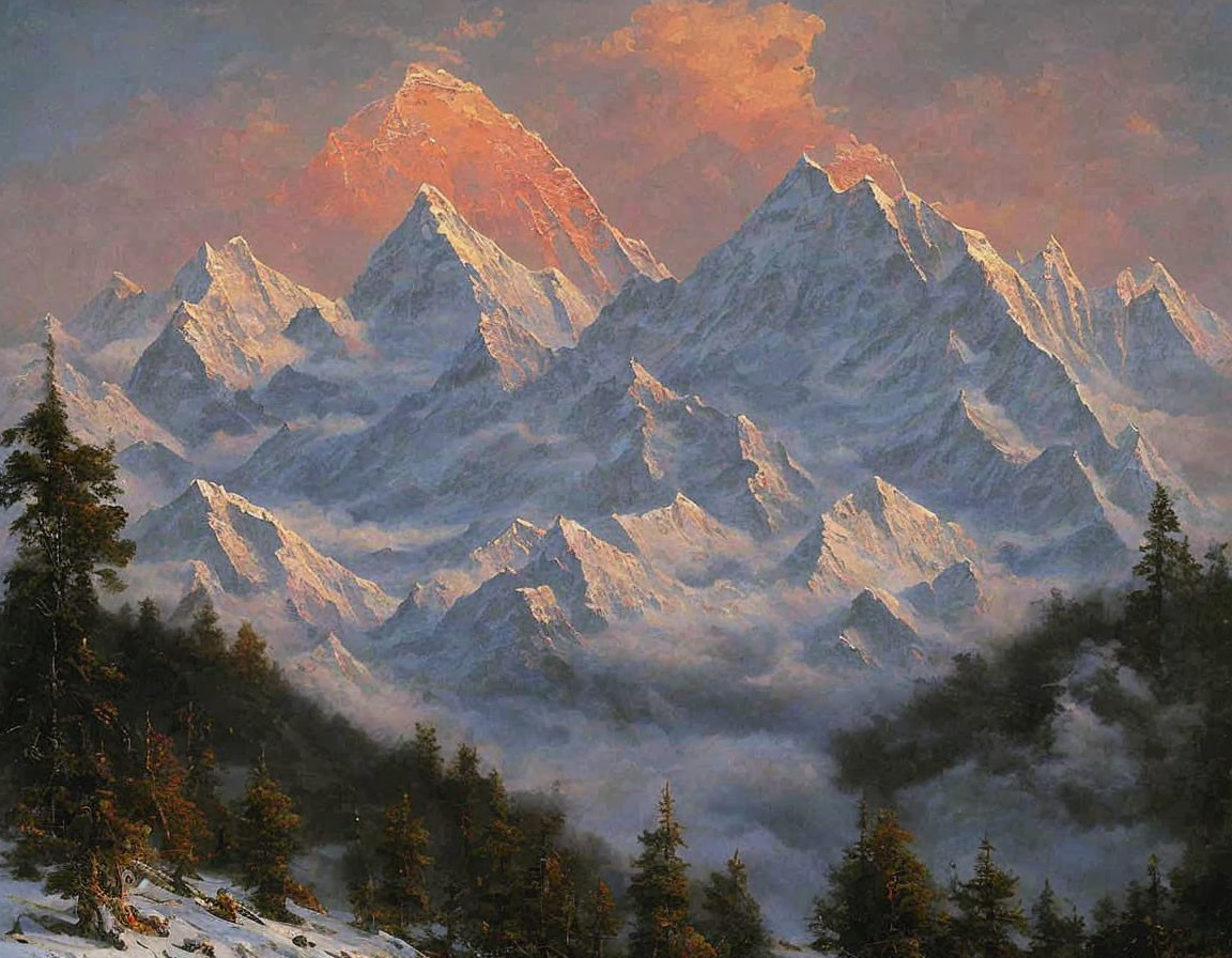 Majestic mountain peaks and mist-filled valley in warm light