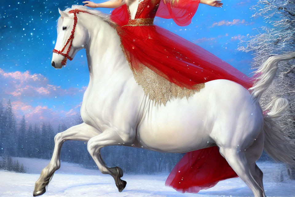 Woman in Red Dress Riding White Horse in Snowy Forest Scene