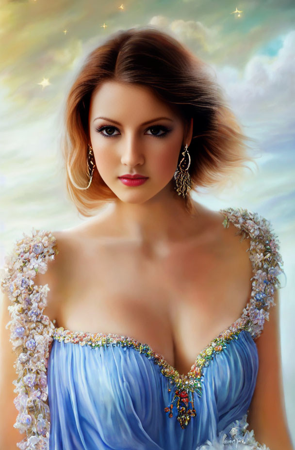 Striking Eyes Woman Portrait in Blue Gown