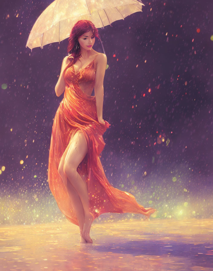 Woman in Orange Dress Holding Umbrella in Water with Ethereal Light