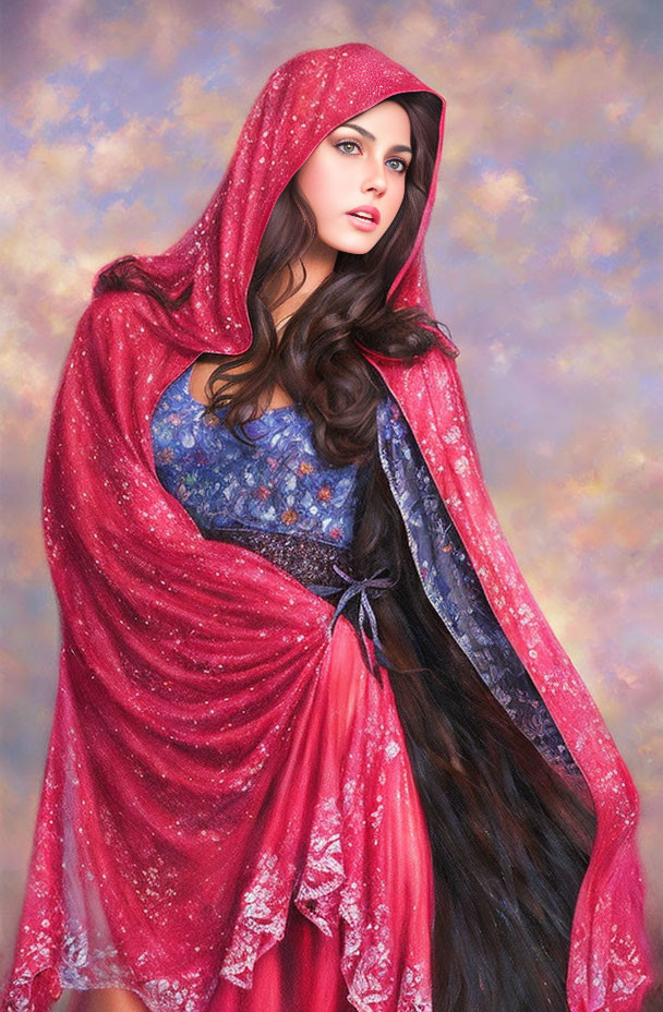 Woman with Long Dark Hair in Red Cloak & Star-Patterned Dress on Dreamy Sky Background