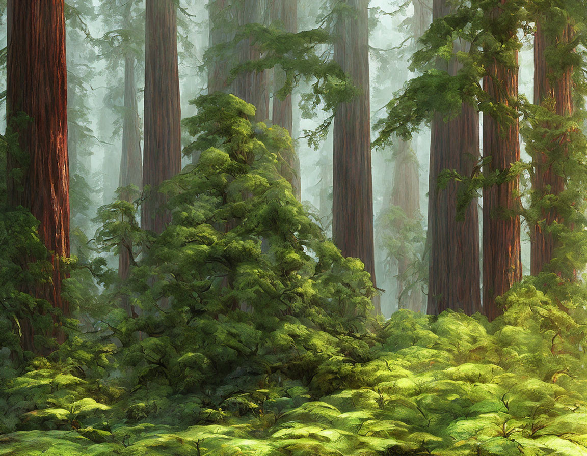 Majestic redwood forest with lush greenery and soft sunlight