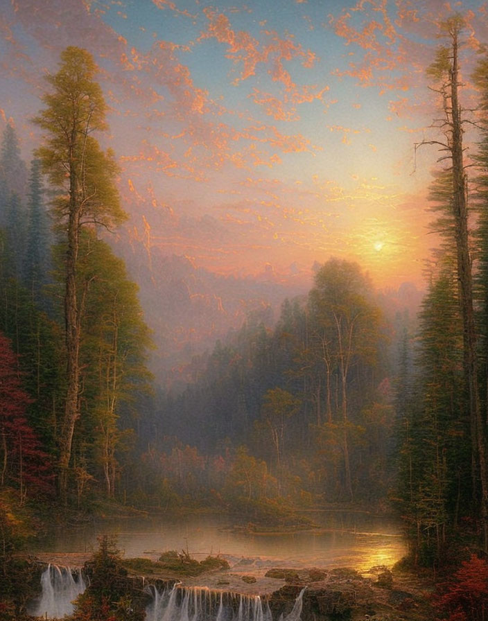 Tranquil sunset landscape with lush trees, waterfall, and river