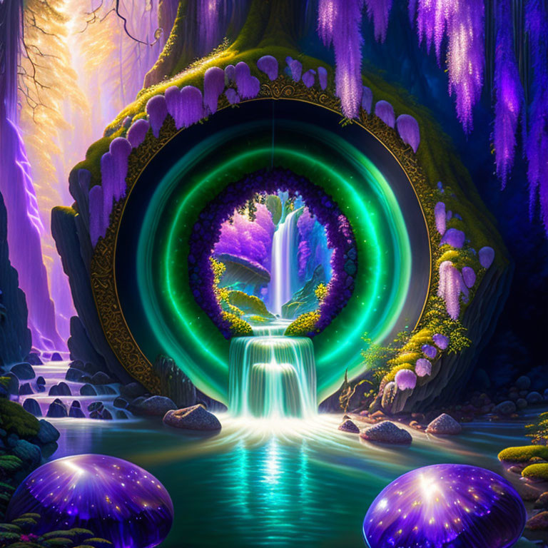 Mystical forest scene with glowing portal and vibrant purple flora