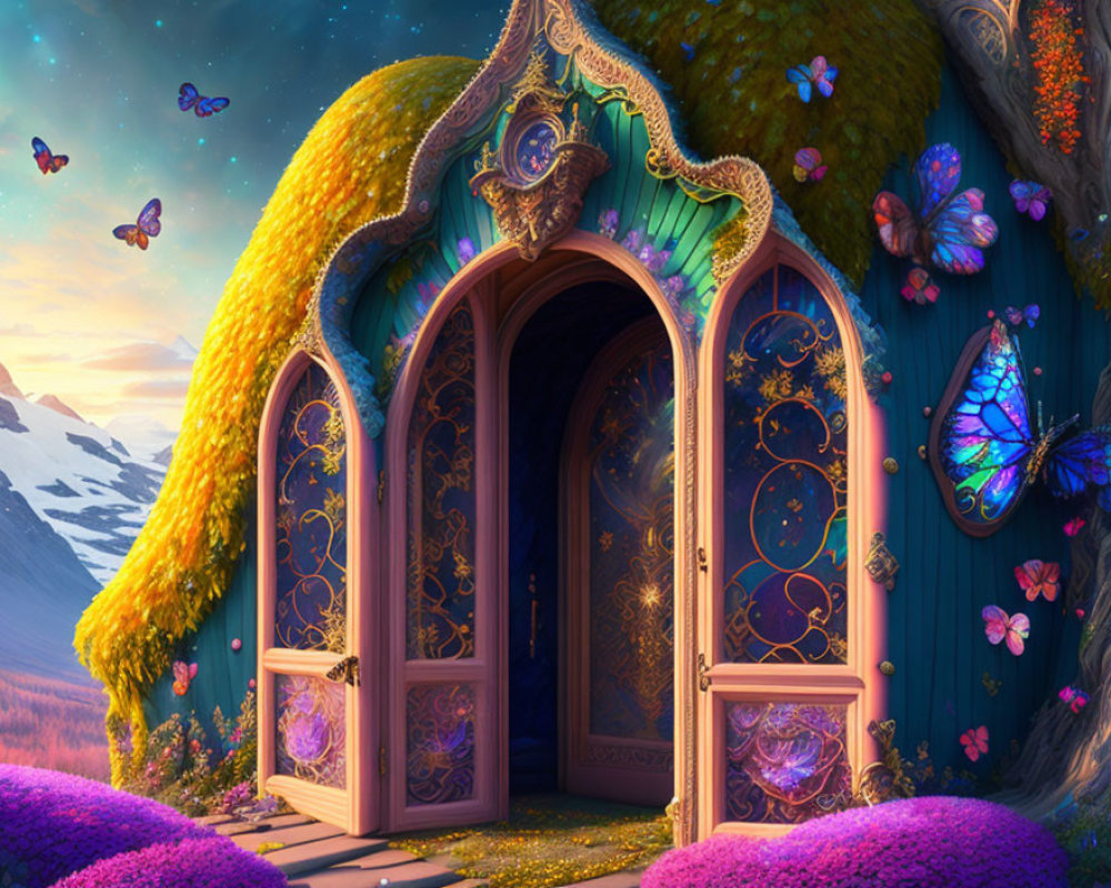 Fantasy landscape with ornate door, glowing patterns, giant butterflies, and twilight mountains