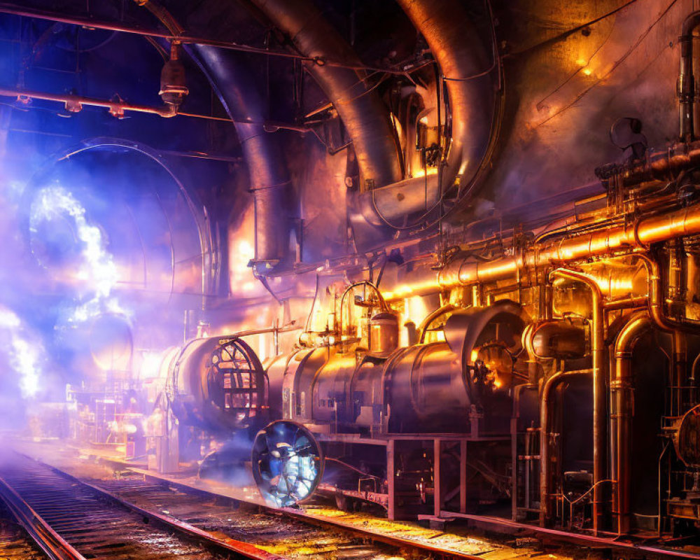 Industrial scene with boilers, pipes, valves in eerie blue and orange glow