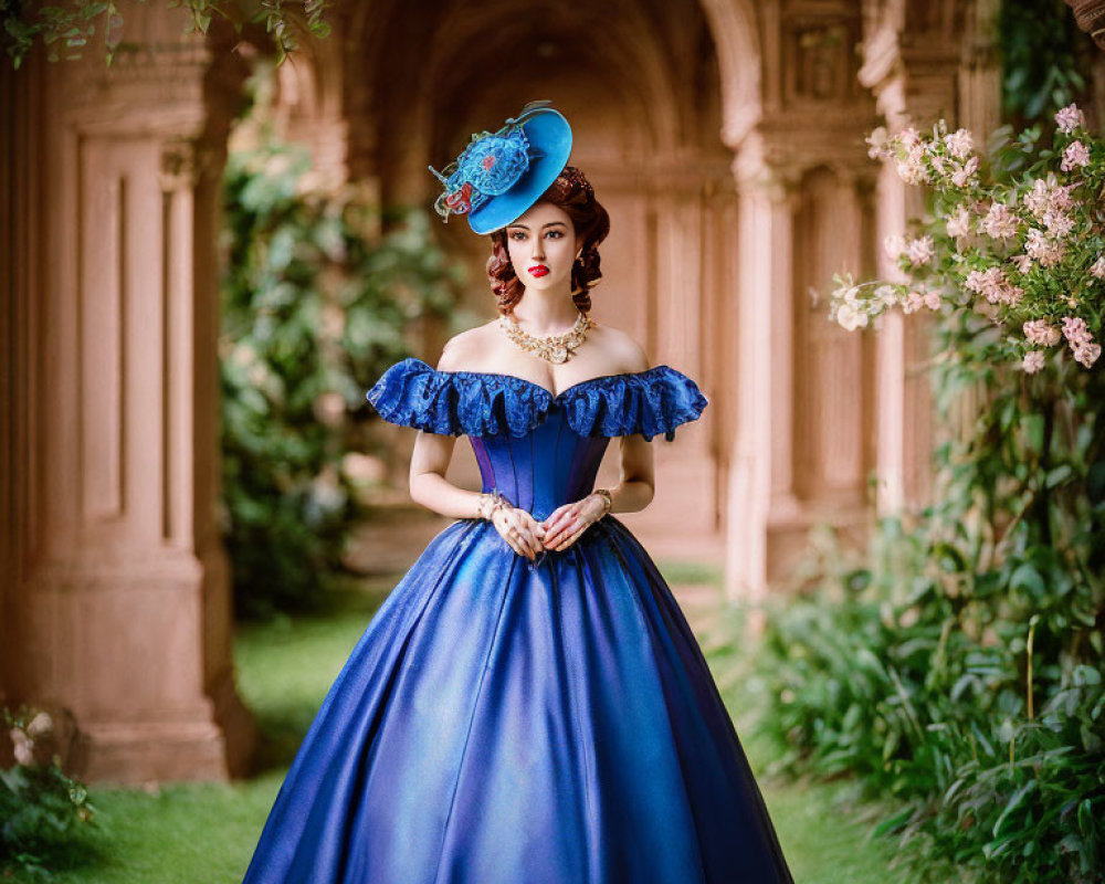 Victorian-style woman in blue dress and hat in ornate stone arch corridor