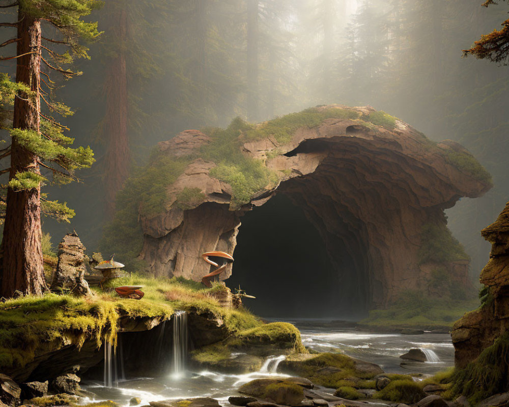 Enchanting forest landscape with mist, sunbeams, waterfall, and stream