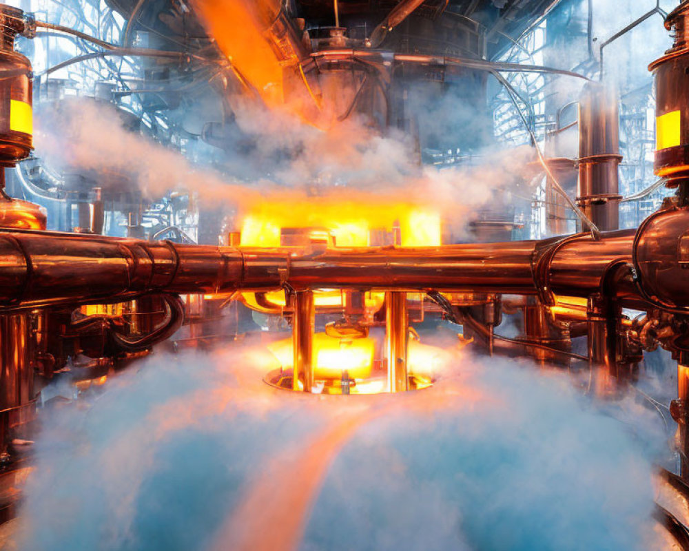 Industrial interior with pipes and glowing furnaces emitting steam and smoke