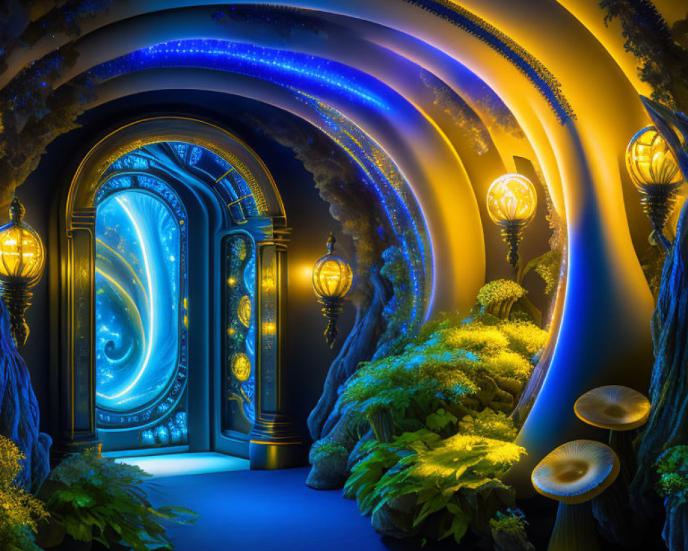 Fantastical glowing blue doorway in mystical dark space