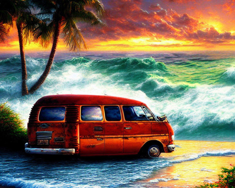 Vintage Van Parked on Beach at Sunset with Palm Trees