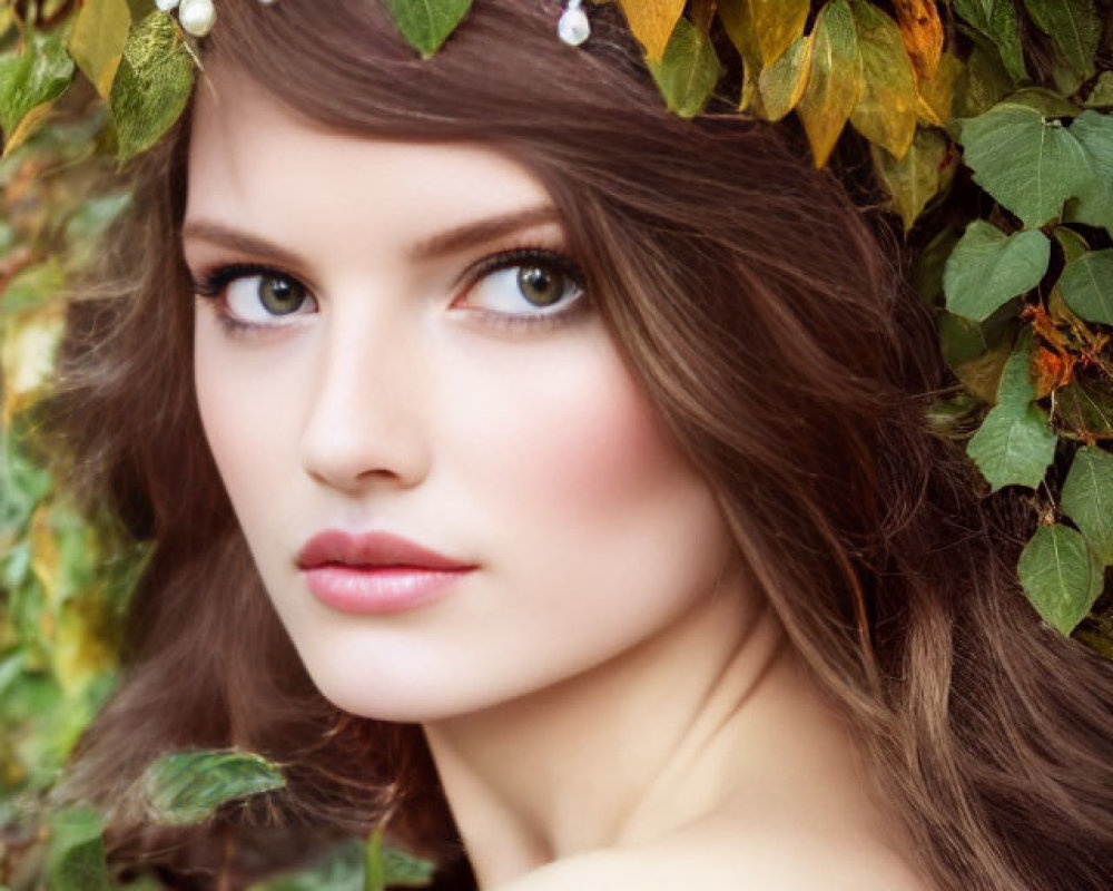 Woman with floral tiara in green leaf background exudes natural beauty