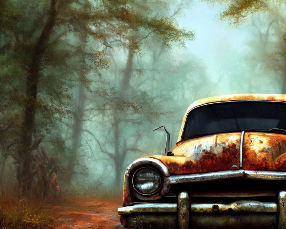 Rusted car on misty forest path with overgrown trees