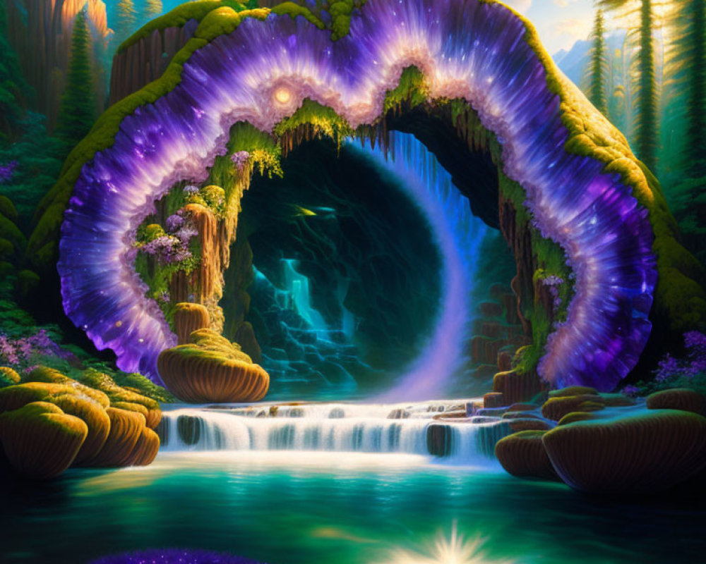 Fantasy landscape with heart-shaped purple geode portal and serene waterfall