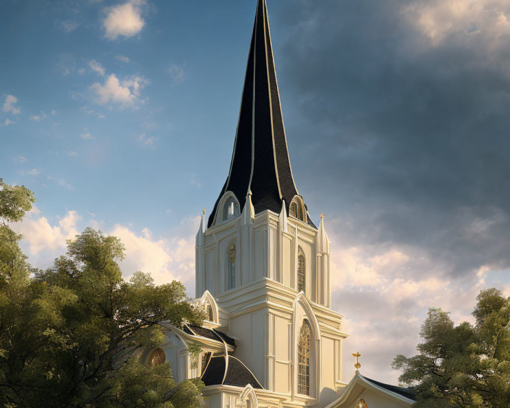 Majestic church with tall spire and cross in lush green setting