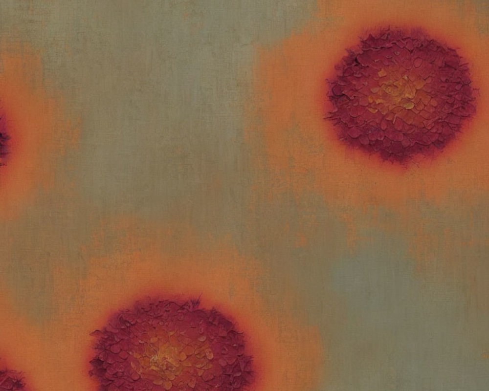 Textured red and orange circles on brown canvas - abstract background with floral resemblance