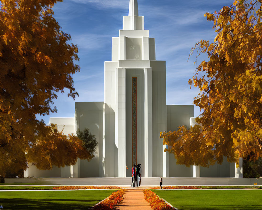 White temple with spire in autumn setting under blue sky with people walking.