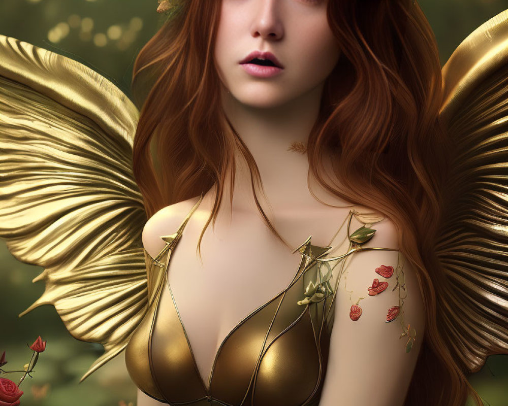 Woman with Golden Butterfly Wings and Floral Adornments