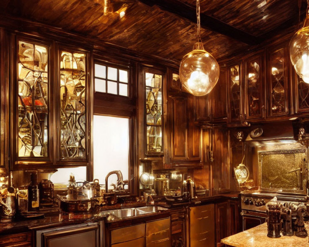 Vintage Kitchen with Wooden Cabinets, Antique Stove, Brass Fixtures, and Glass Pendant Lights