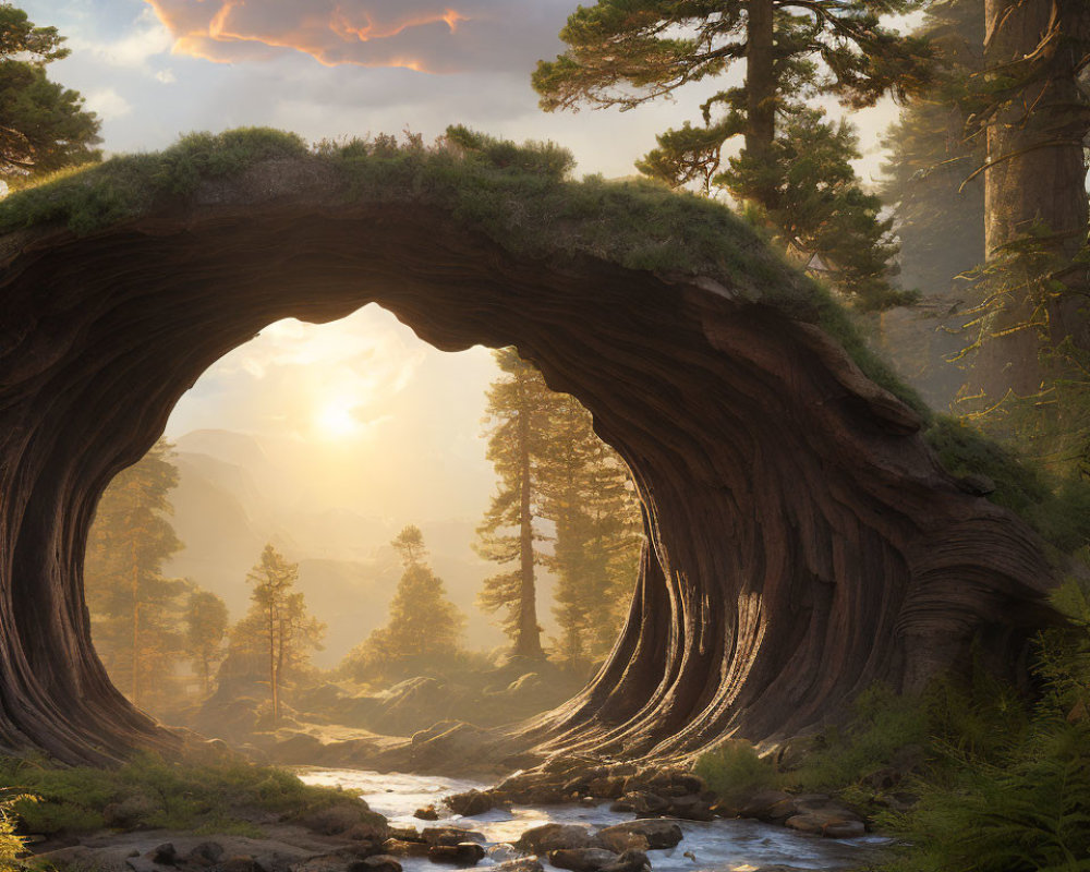 Scenic forest sunset with natural tree arch and rocky stream