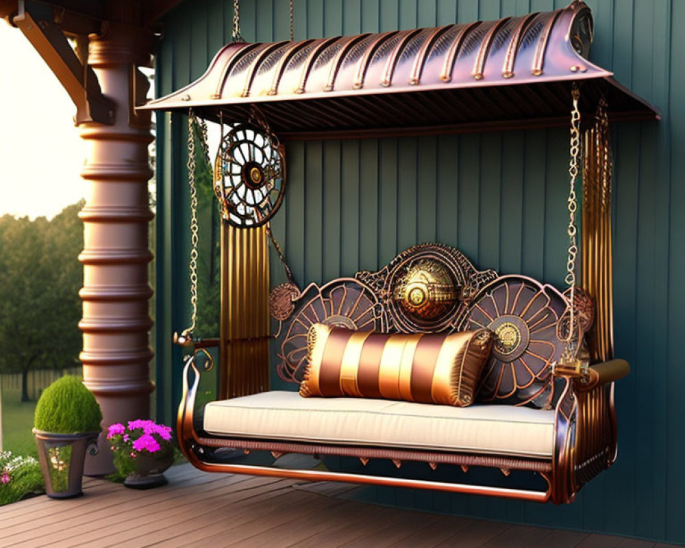 Steampunk-Inspired Porch Swing with Cog and Gear Details on Wooden Deck