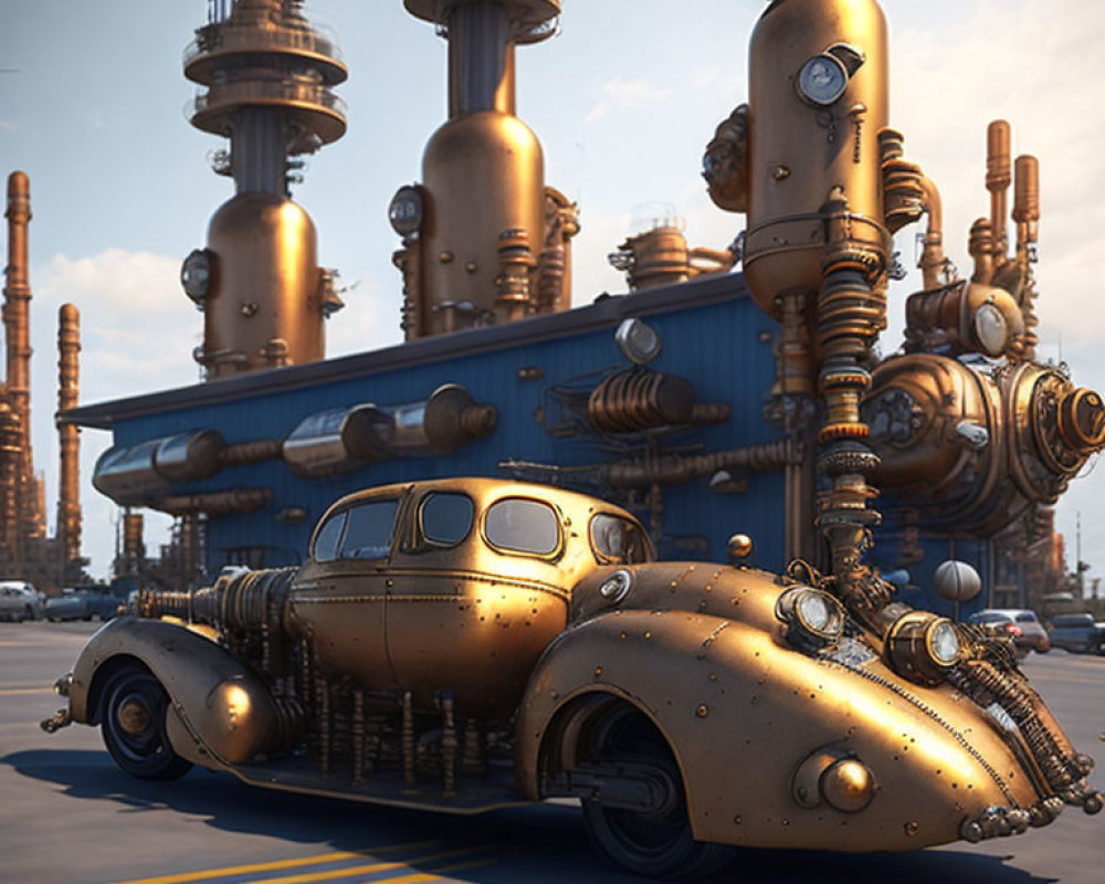 Futuristic steampunk car in front of industrial complex with cylindrical structures