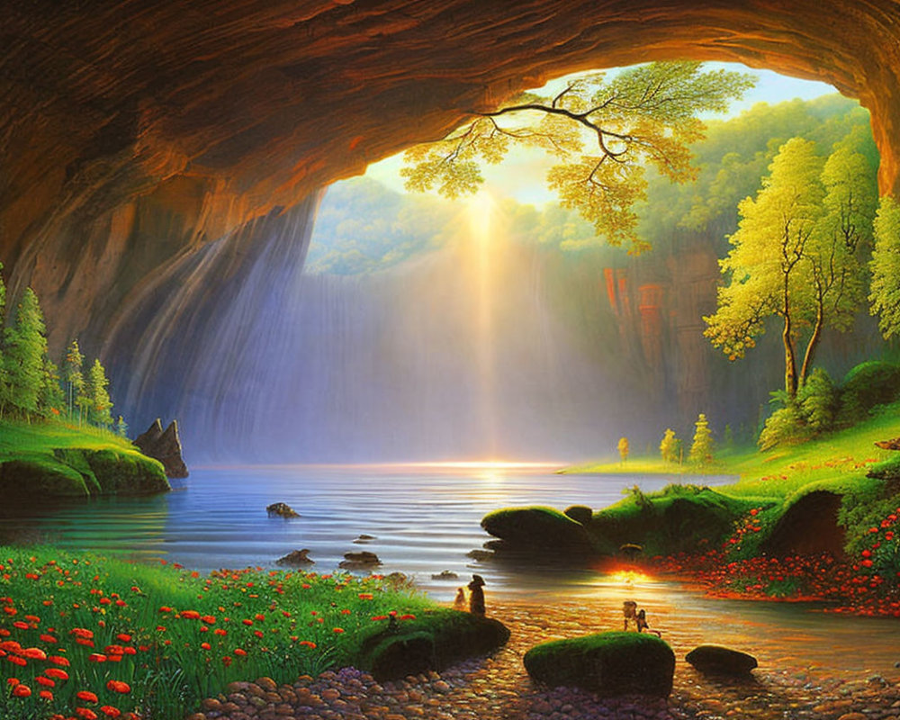 Tranquil cave opening onto serene lake with waterfalls and sunrise