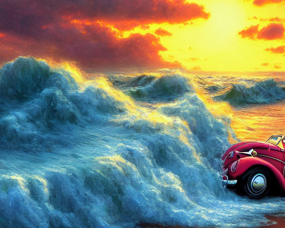 Vintage Red Car on Beach with Dramatic Waves and Sunset Sky