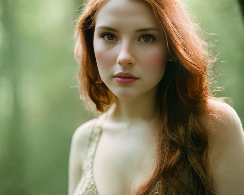 Red-haired woman in green dress gazes in forest setting