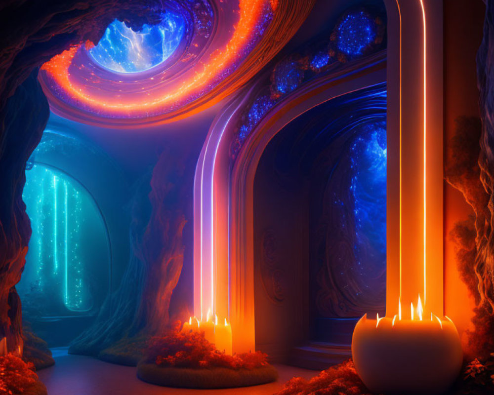 Vibrant fantasy cave with glowing blue and orange formations