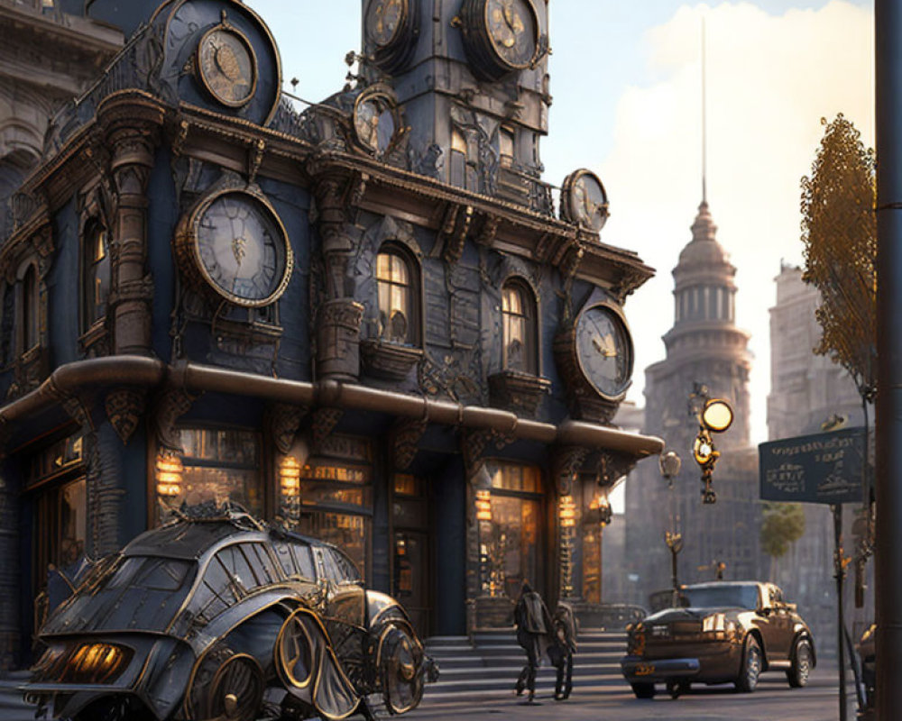 Steampunk Cityscape with Vintage Car, Pedestrians, and Clock-Adorned Building