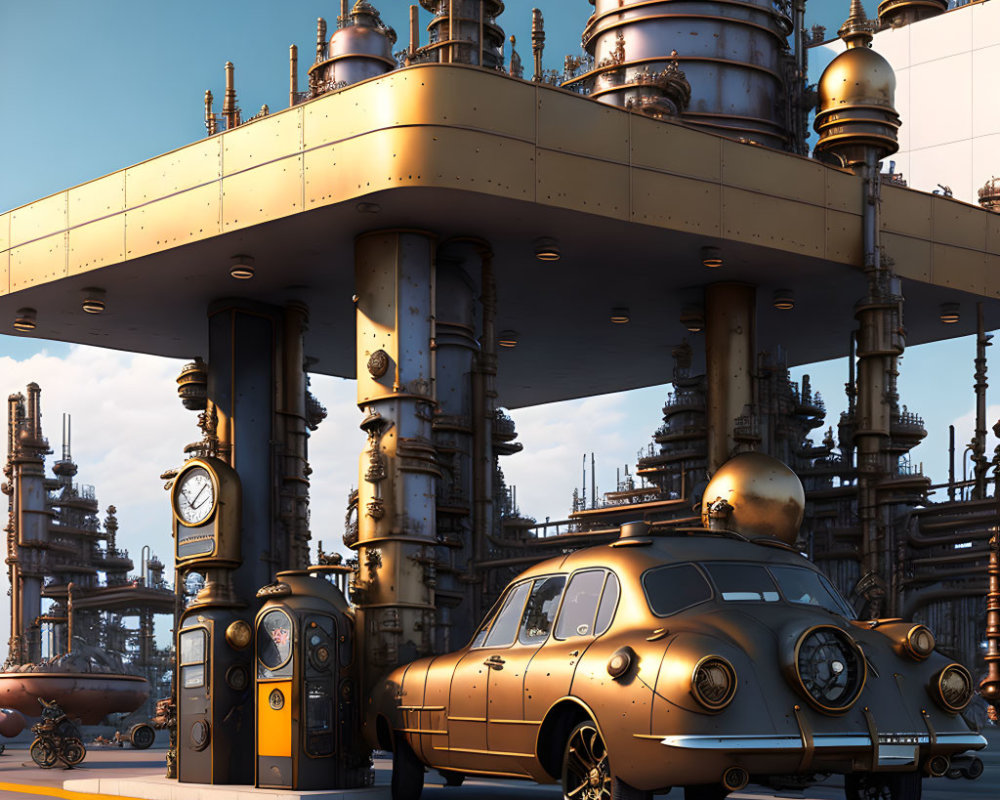 Golden retro-futuristic car at matching service station with industrial structures against clear sky