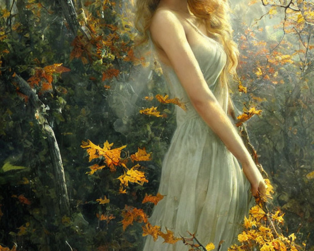 Blonde woman in white dress surrounded by autumn trees with golden leaves