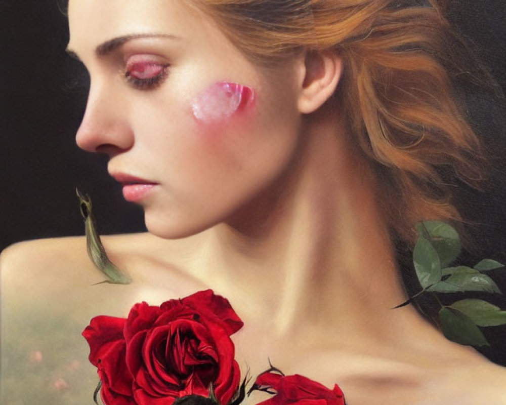 Golden-haired woman with pink heart on cheek beside red roses and green bird.