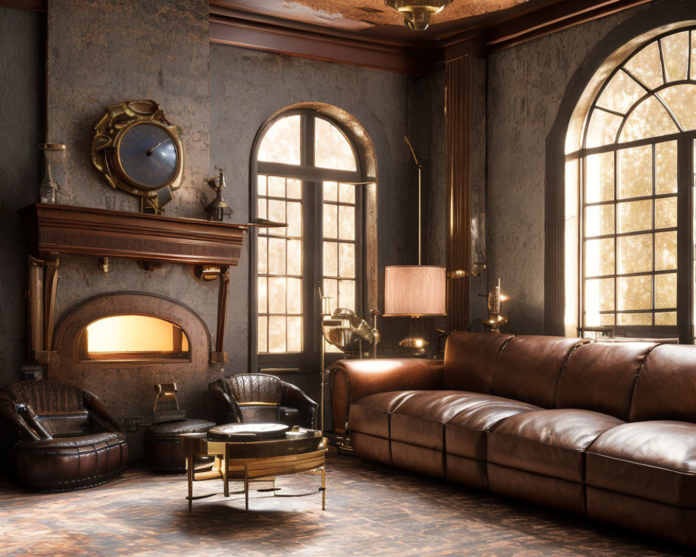 Luxurious living room with cozy fireplace, leather sofas, arched windows, and vintage decor.