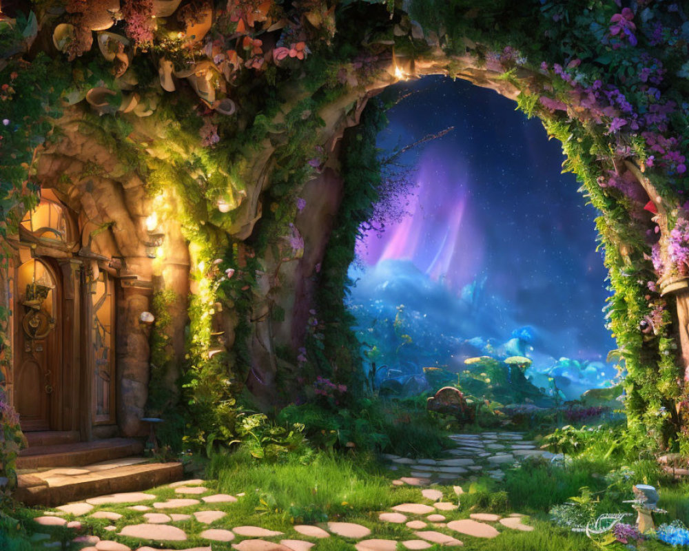 Enchanting garden archway under vibrant night sky with aurora, lush plants, glowing mushrooms,