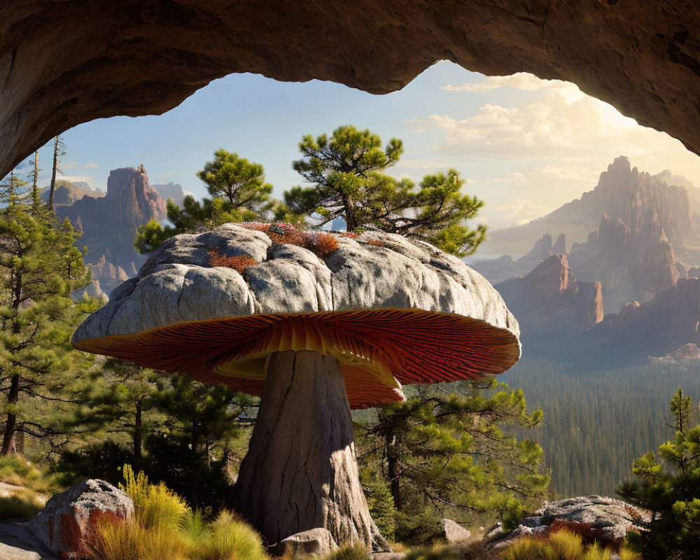 Digital art of large mushroom under arch with pine tree, mountains, and forest.