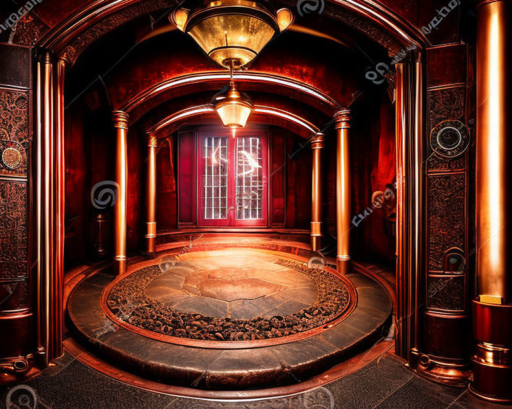 Luxurious Red Circular Room with Golden Patterns and Vintage Lamp