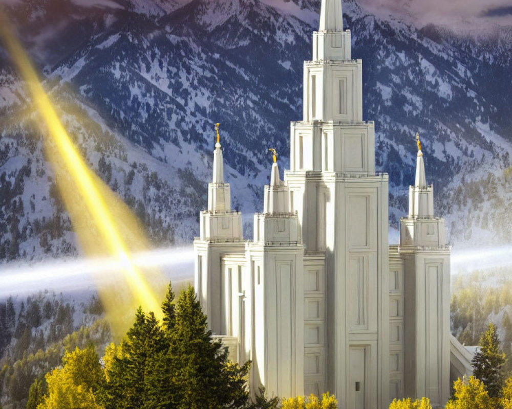 White Temple with Four Spires in Snowy Mountain Setting