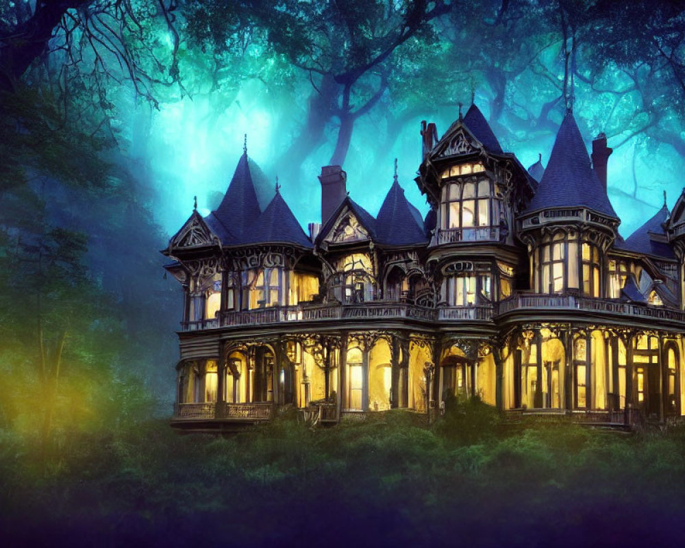 Victorian mansion in misty forest at twilight