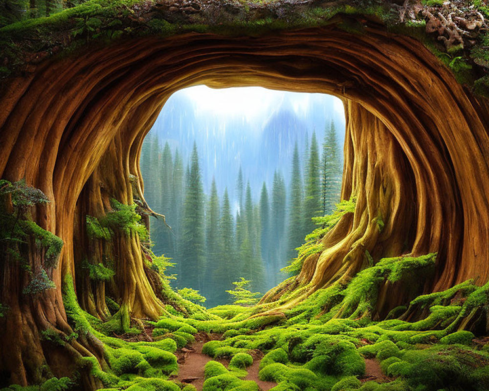 Lush forest landscape with natural tree archway and path