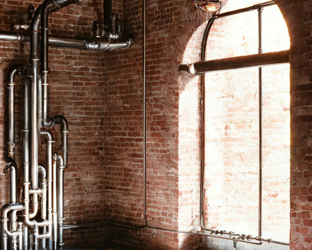 Spacious arched window brightens industrial room with exposed brick wall