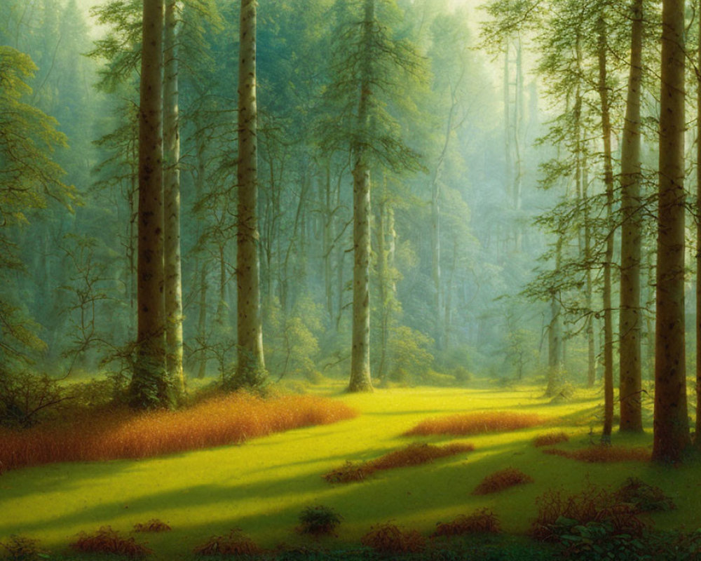 Serene forest scene with sunlight filtering through trees