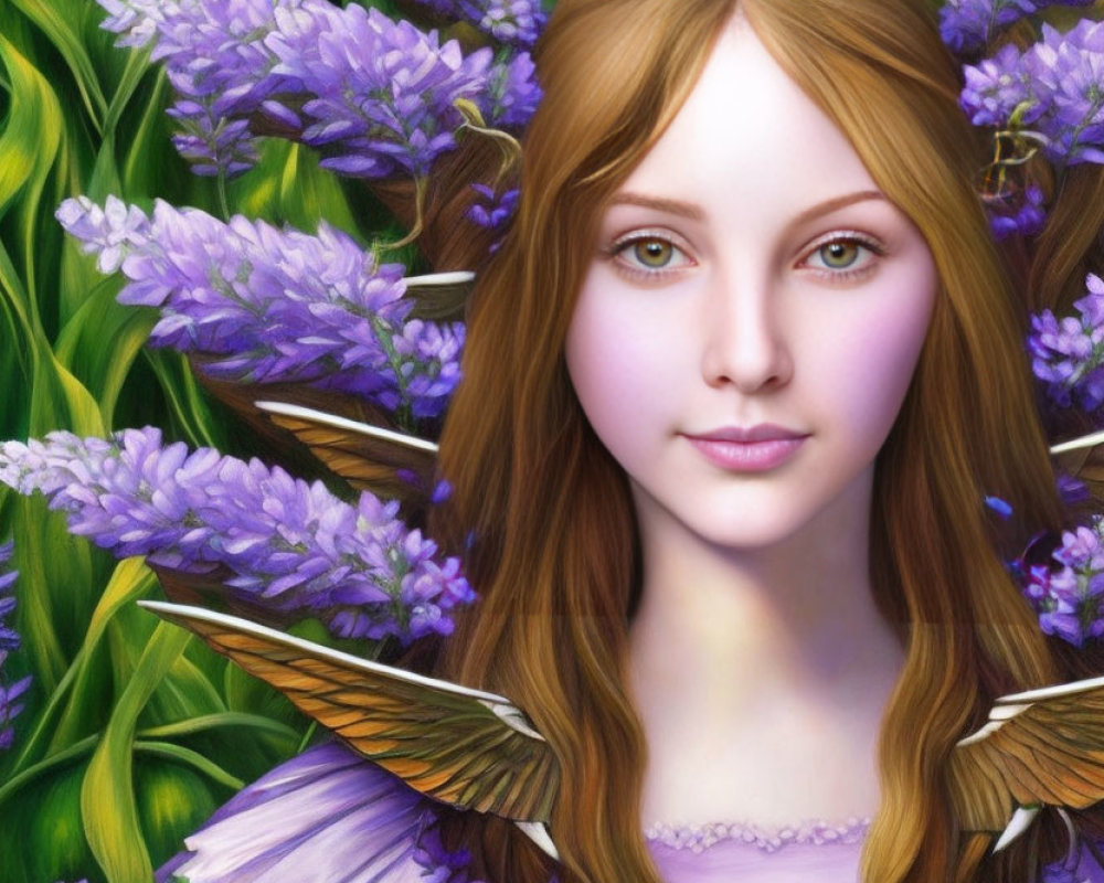 Woman with Butterfly Wings Surrounded by Green Foliage and Purple Flowers