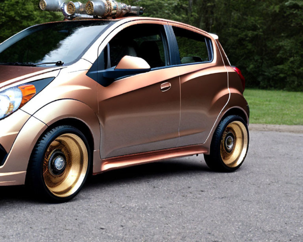 Bronze Compact Car with Gold Wheels and Roof-Mounted Canons on Asphalt Road