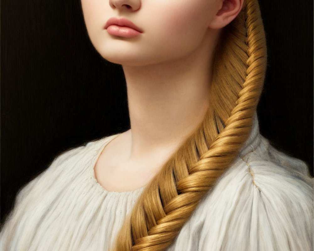 Portrait of young woman with braid, pale skin, blue eyes, white garment.