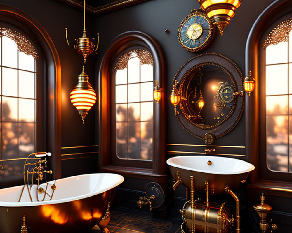 Luxurious Victorian-style bathroom with golden bathtub and intricate decor