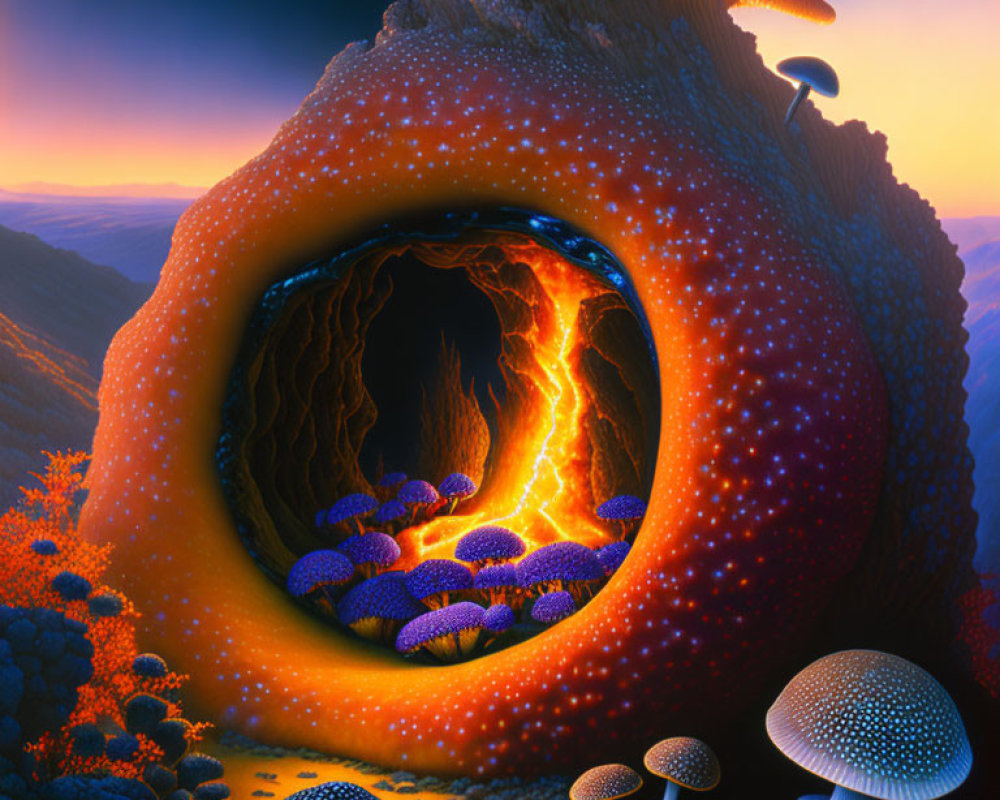 Surreal landscape with orange hollow structure and glowing blue mushrooms