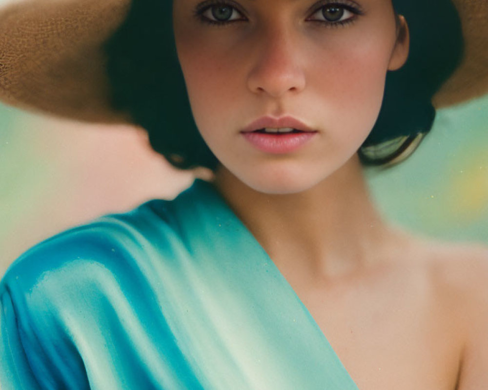 Woman in hat and blue-green top with pink flower gazes at camera