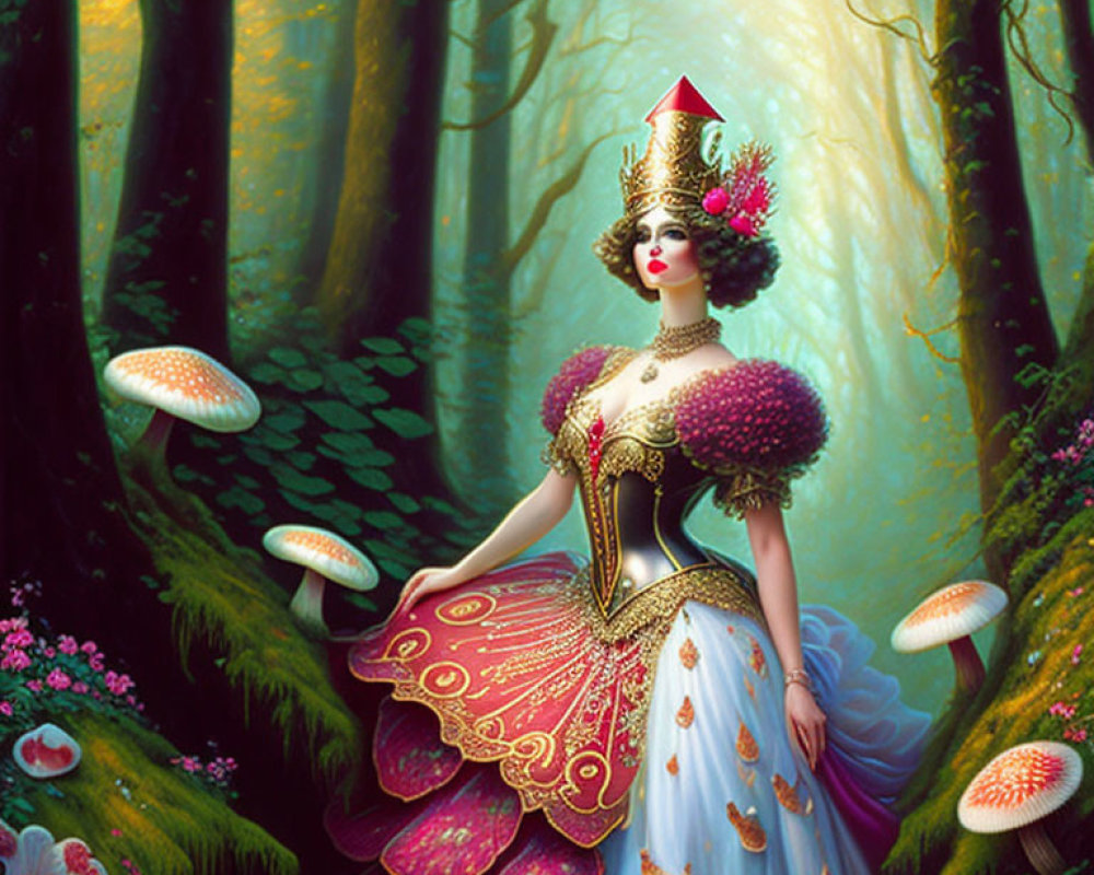 Illustration of woman in mystical costume in enchanted forest with oversized mushrooms